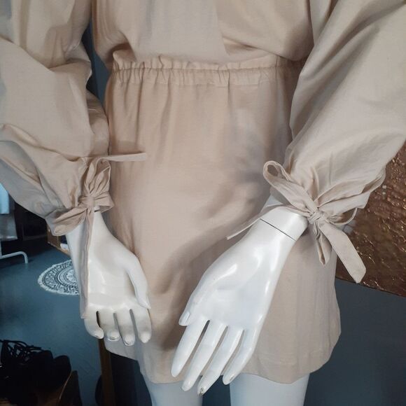 Zara Beige 100% Cotton Puff Sleeve Button-Down Mini Dress - Picture 2 of 13